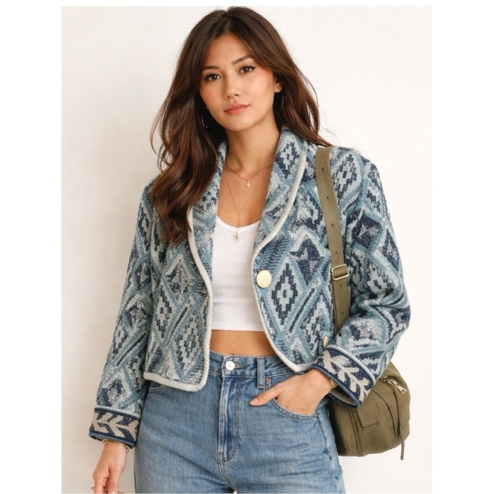 Blue Textured Jacquard Cotton Weave‎ Crop Cardigan Jacket Size XL Artisan Boho